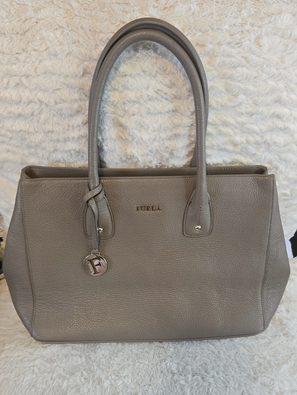 Furla Gray Pebbled Leather Tote with Logo Charm EUC